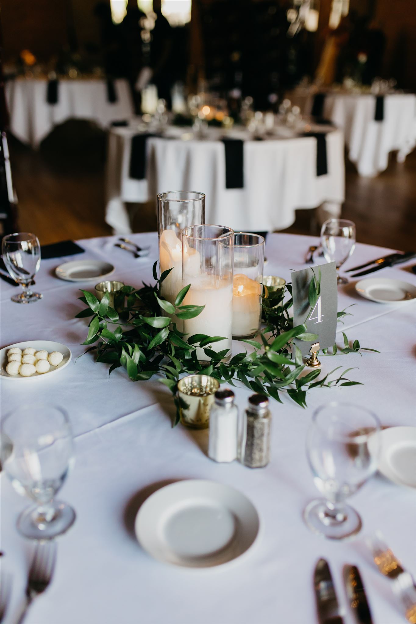 The table arrangement at the wedding reception held at Minneapolis Event Center