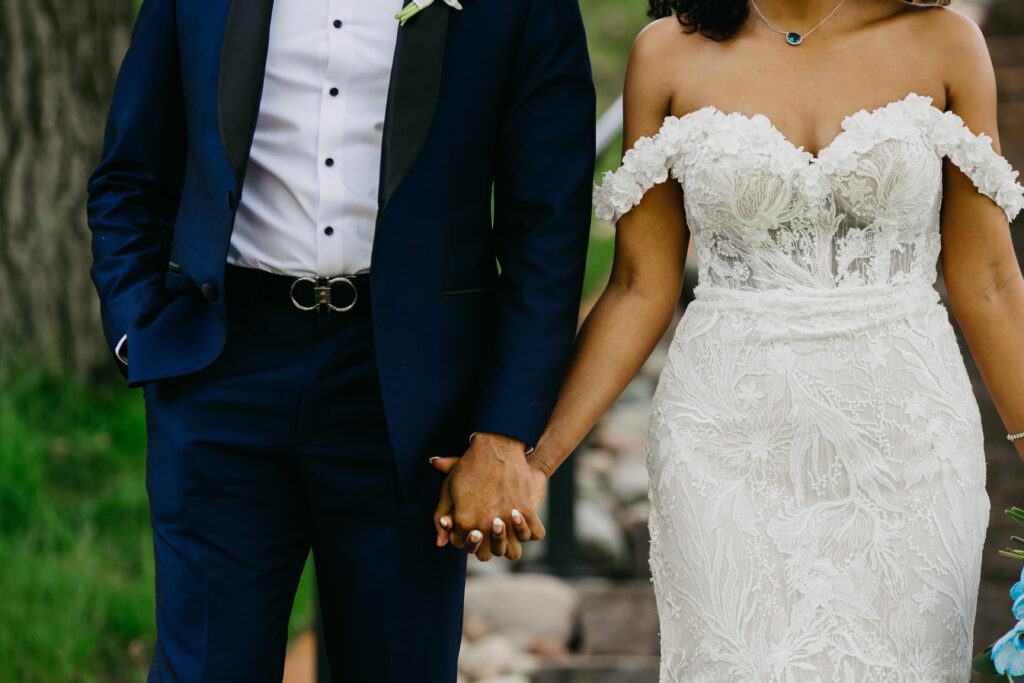 Photo of the bride and groom during their garden wedding 