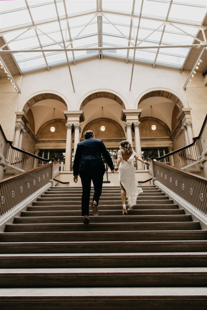 Photo of engaged couple in a museum in Chicago