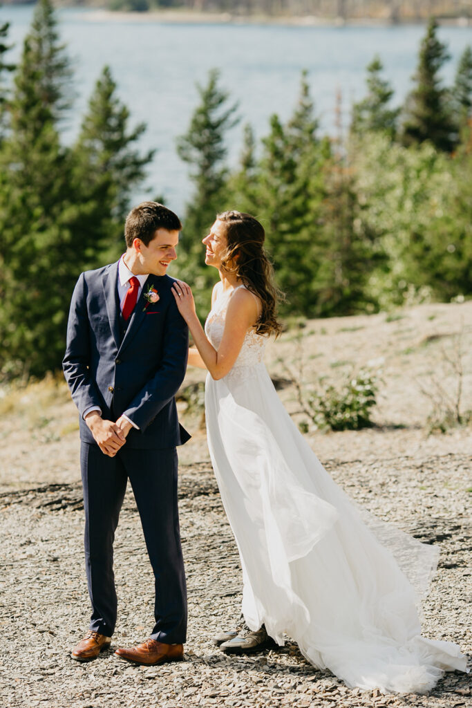 First look between the bride and the groom at Glacier National Park