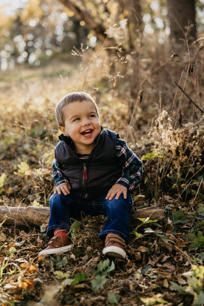 Smiling toddler in a plaid shirt and puffer vest sitting on a log in a Minnesota field during a fall family photo session.
