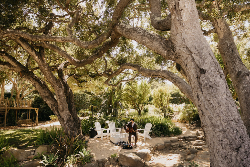 Guitarist playing near Adirondack chairs beneath oak trees during a Montecito wedding ceremony.