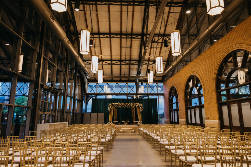 Grand industrial-style ceiling and architecture of Renaissance Depot Hotel ceremony space in Minneapolis