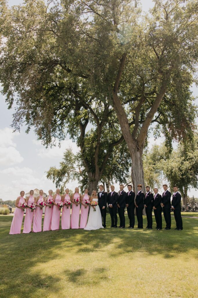 Wedding party lined up in pink and black attire under a large tree
