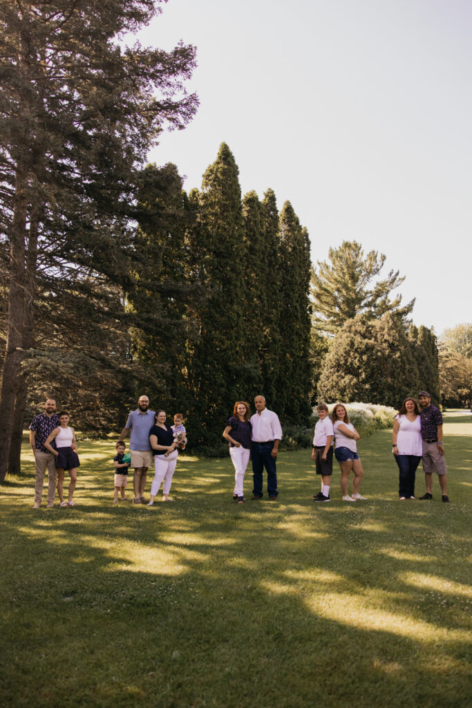Extended family group photo on the lawn in golden-hour light during a Minneapolis family reunion session